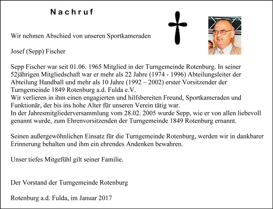 Wir nehmen Abschied von unserem Sportkameraden Josef (Sepp) Fischer.