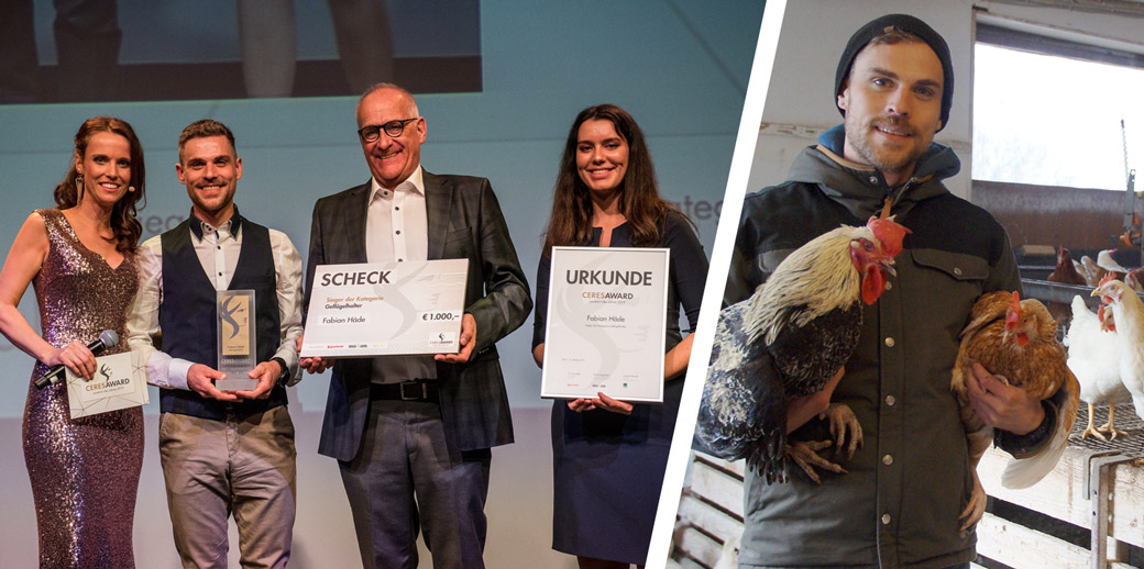 Bild links: Preisverleihung: von links Moderatorin Susanne Schöne, Fabian Häde, Jury-Mitglied Dr. Ludger Breloh und eine Hostess.© Timo Jaworr // Bild rechts: Hohe Auszeichnung für Fabian Häde.© Jan-Christoph Eisenberg