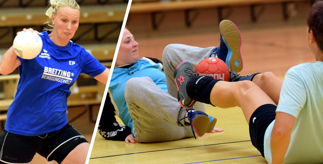 links: Nach Babypause zurück am Ball: Elisabeth „Elli“ Pippert zieht im Training voll mit. /// rechts: Ballübergabe mit den Füßen: Torhüterin Laura Weidemann (links) hat den Handball an ihre Trainingspartnerin übergeben. Fotos: Alicia Kreth